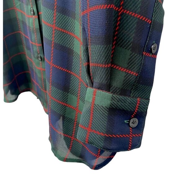 CHAPS Plaid Tunic Blouse Size Medium Navy Blue Green Plaid Chiffon Button Up Top - Picture 6 of 9